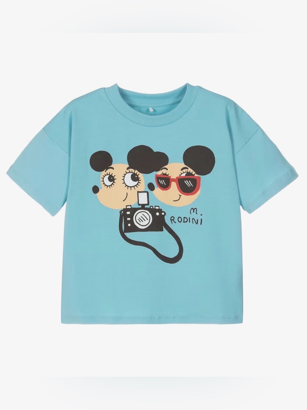 Mini Rodini Ritzratz Mouse Camera Blue Organic Cotton T-Shirt Size 7-9 Years